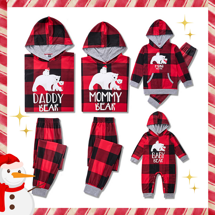 Mommy Bear & Daddy Bear Print Red Plaid Christmas Matching Pajamas Sets