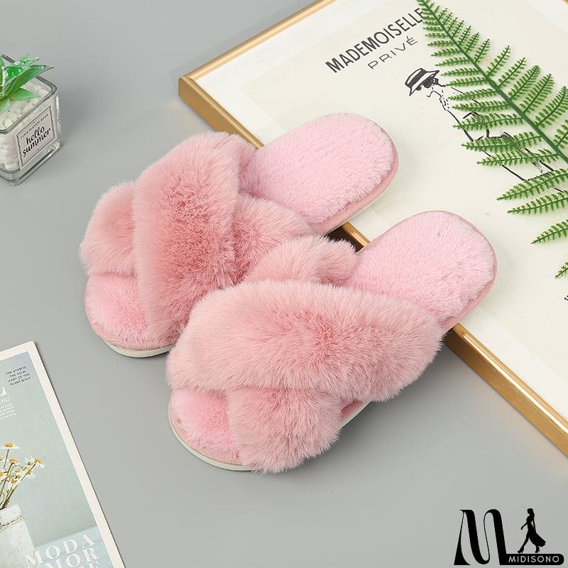 MidiSono - Faux Fur Crisscross Strap Slippers