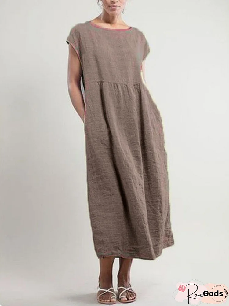 Women Cotton Casual Crew Neck Casual Solid Plus Size Linen Weaving Dress