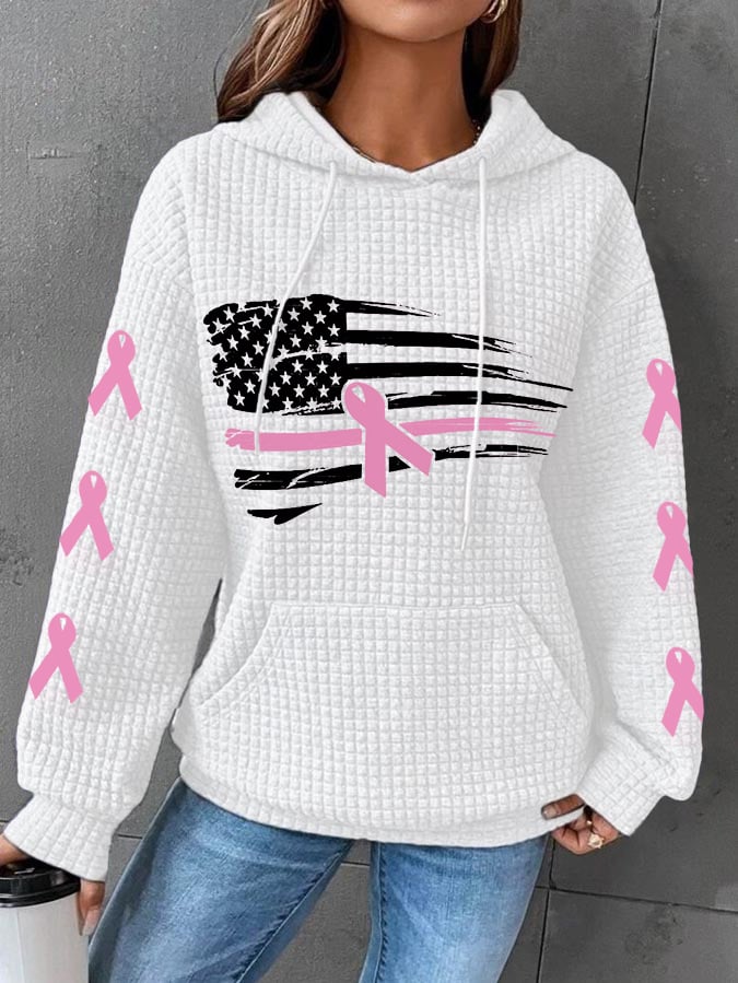 Women's Pink Ribbon American Flag Breast Cancer Awareness Warrior Waffle Hoodie