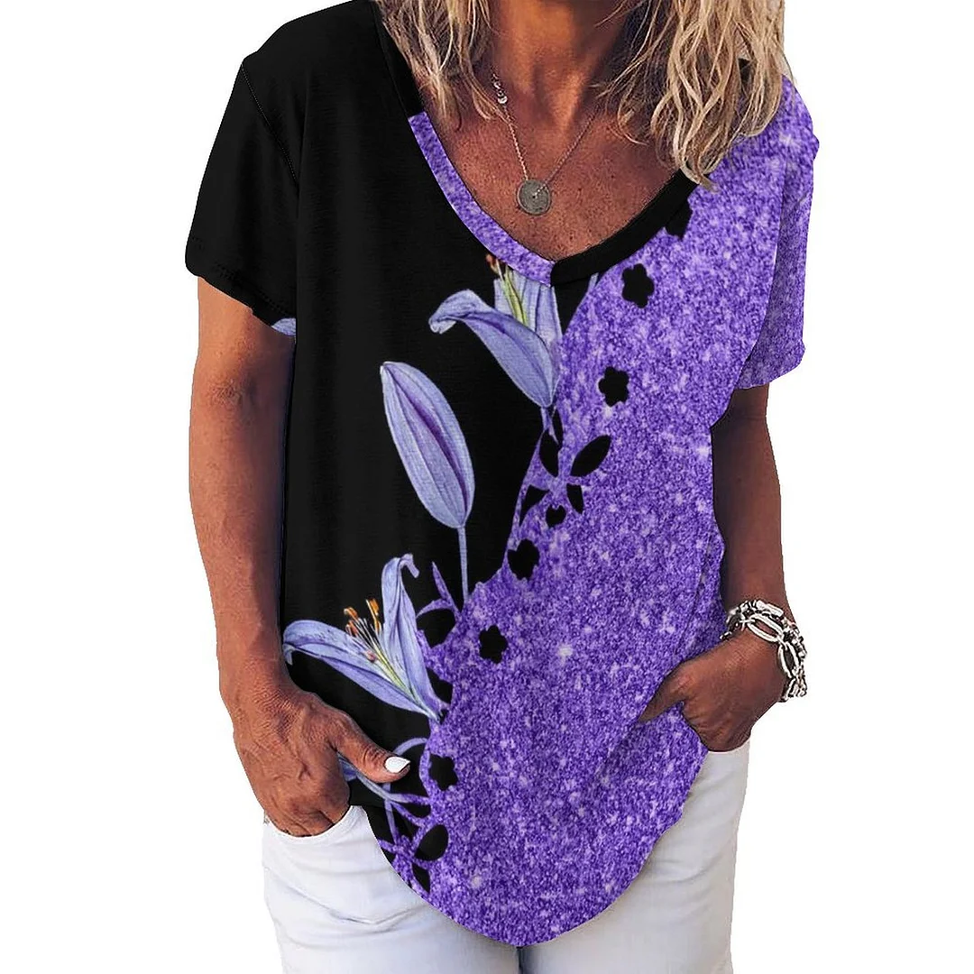 V-neck Short Sleeve Casual T-shirt for  Women Printed with Pattern Purple, Floral, Glitter