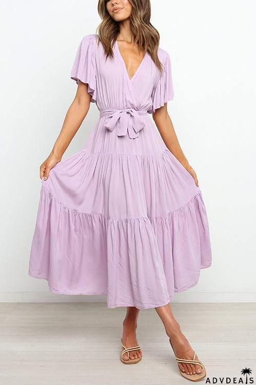 Solid Ruffles Belted Maxi Dress