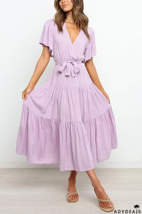Solid Ruffles Belted Maxi Dress