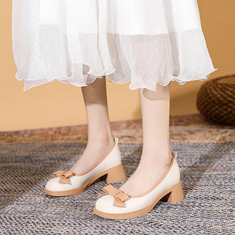 Uveng Uveng New Bow Happy Shoes Korean Version British Wind Shallow Mouth With Casual Women's Singles Shoes With Skirt