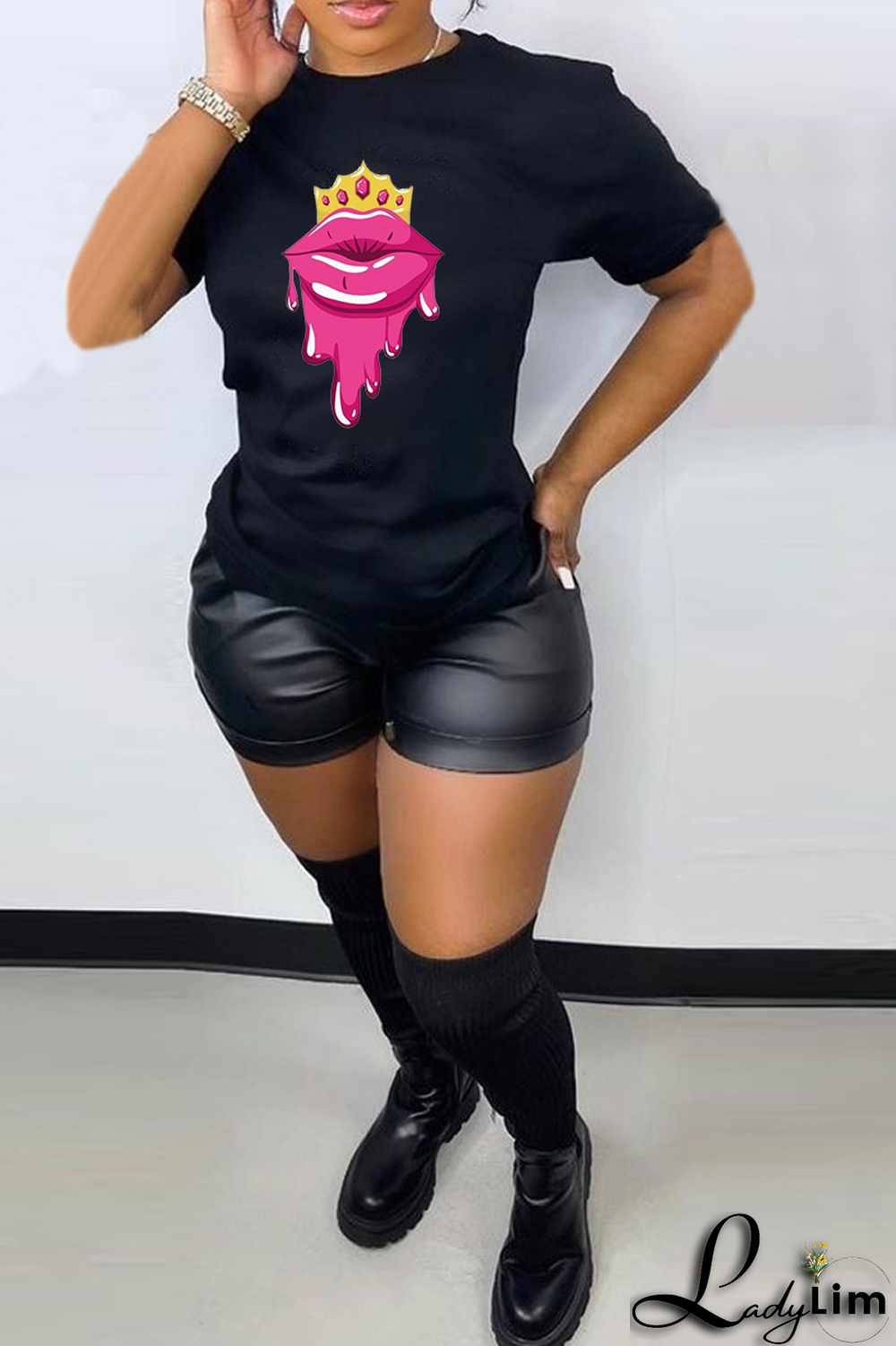 Navy Blue Fashion Street Lips Printed Split Joint O Neck T-Shirts