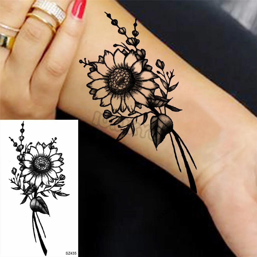Black Florals Temporary Tattoos For Women Girls Watercolor Hummingbird Lavender Fake Tattoo Sticker Waterproof Arm Body Tatoos