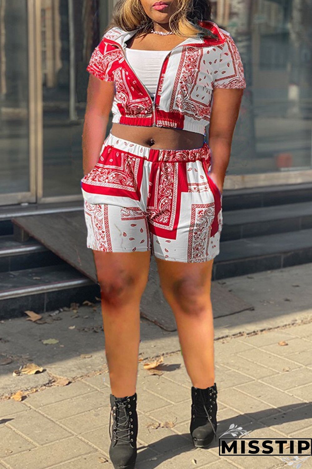 Blue Fashion Casual Print Basic Turndown Collar Short Sleeve Two Pieces