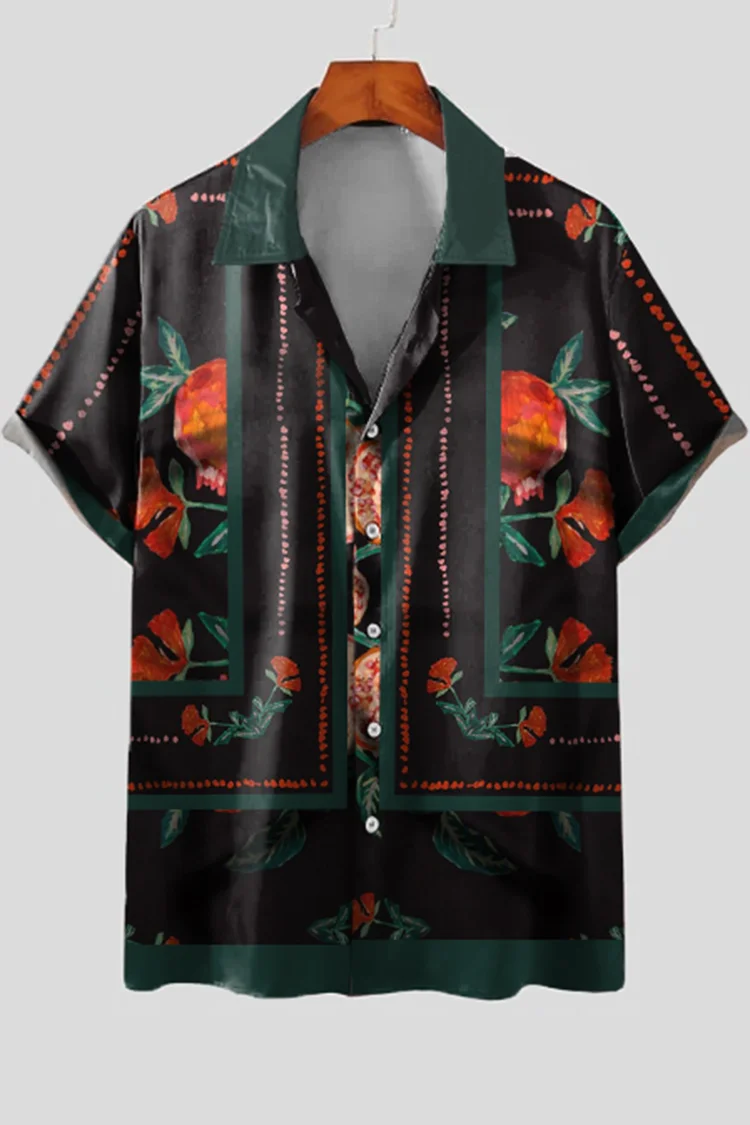 Black And Green Pomegranate Print Short Sleeve Shirt
