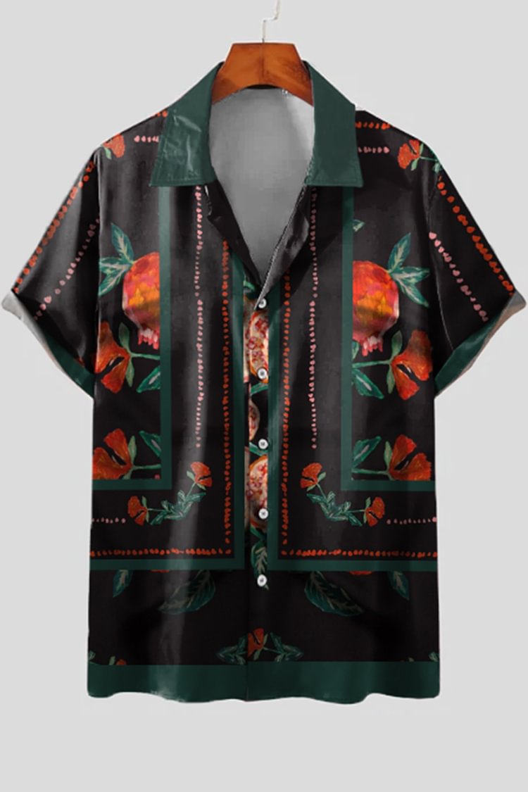 Black And Green Pomegranate Print Short Sleeve Shirt