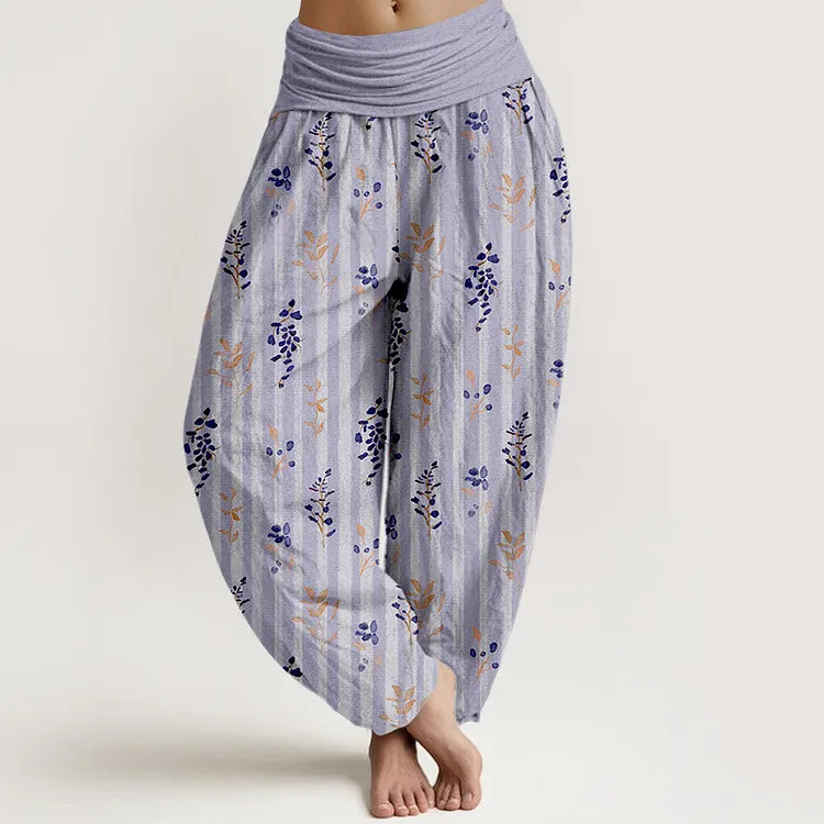 Cotton Softly Colored Leaf Striped Pattern Women's Elastic Waist Harem Pants