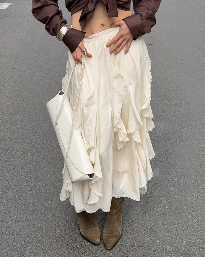 Multiple Ruffled Solid Color Maxi Length Skirt