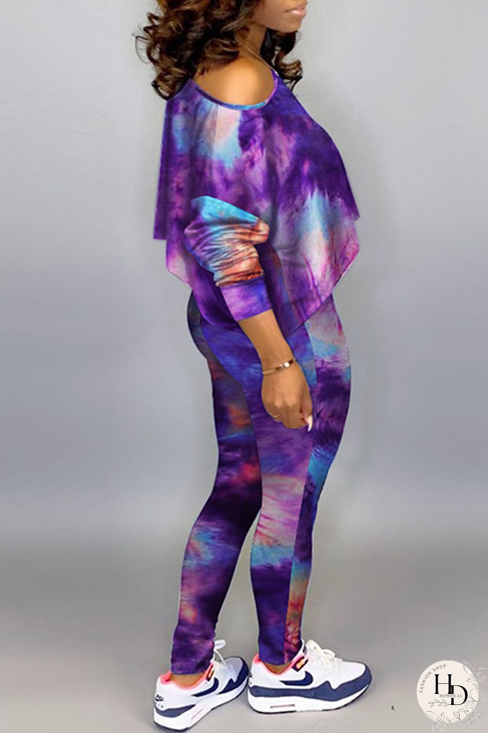 Green Fashion Casual Print Tie-dye Oblique Collar Long Sleeve Two Pieces