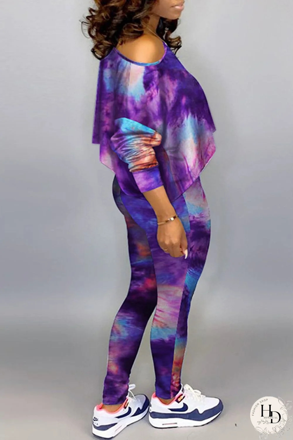 Green Fashion Casual Print Tie-dye Oblique Collar Long Sleeve Two Pieces