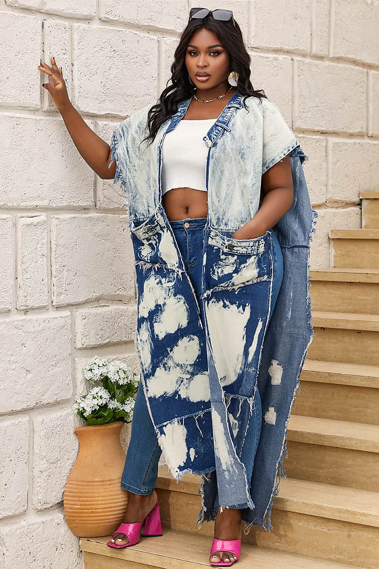 Xpluswear Design Plus Size Blue Daily Denim Tie Dye With Pocket Sleeveless Floor Length Outwear(Ships 24H)