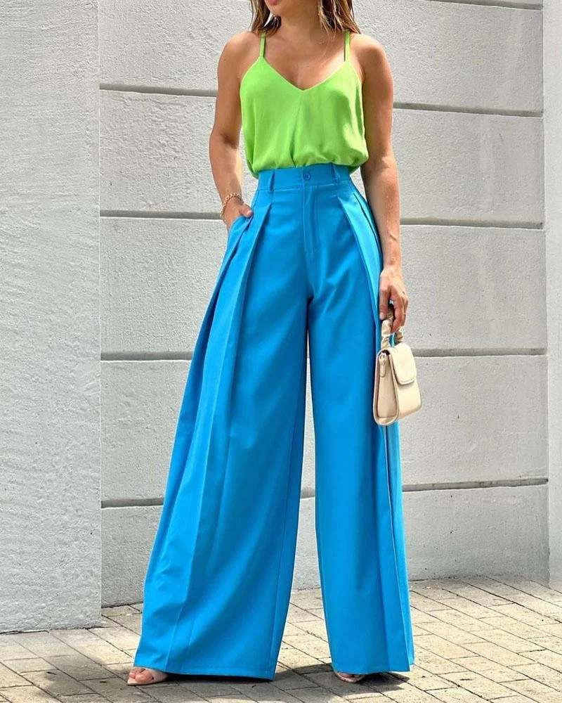 Sleeveless Solid Color Top Trousers Two Piece Set