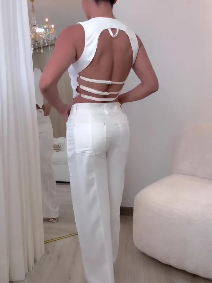 White Backless Strappy Crop Top And Wide - Leg Pants Set