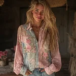 Women's Pink Rose Embroidered Denim Patchwork Linen Shirt - Image 2