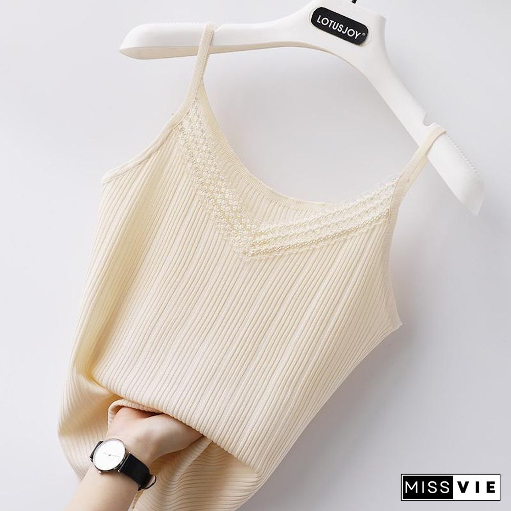 Summer New Style Lace Stitching Ice Silk Camisole Vest Womens V Neck Sleeveless Sweater Outer Wear Loose Top