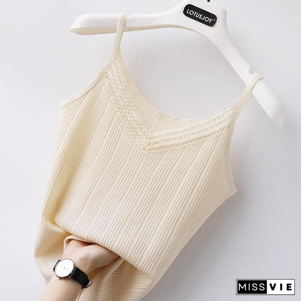 Summer New Style Lace Stitching Ice Silk Camisole Vest Womens V Neck Sleeveless Sweater Outer Wear Loose Top