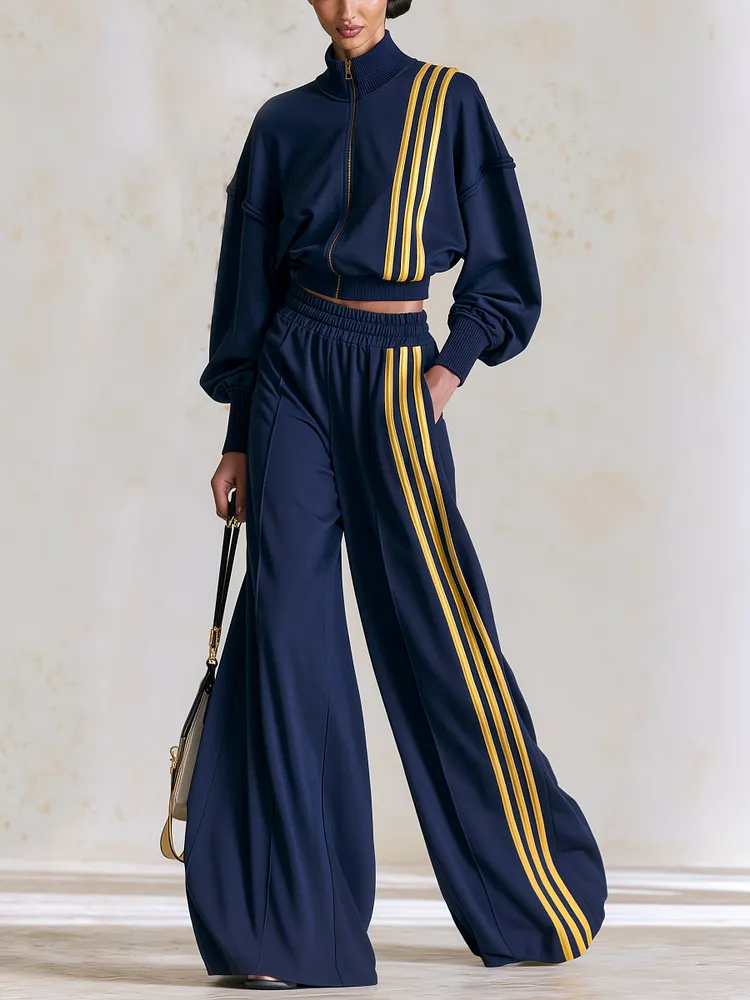 Women's Navy Blue And Yellow Striped Tracksuit &ndash; Cropped Zip-Up Jacket And Wide-Leg Pants