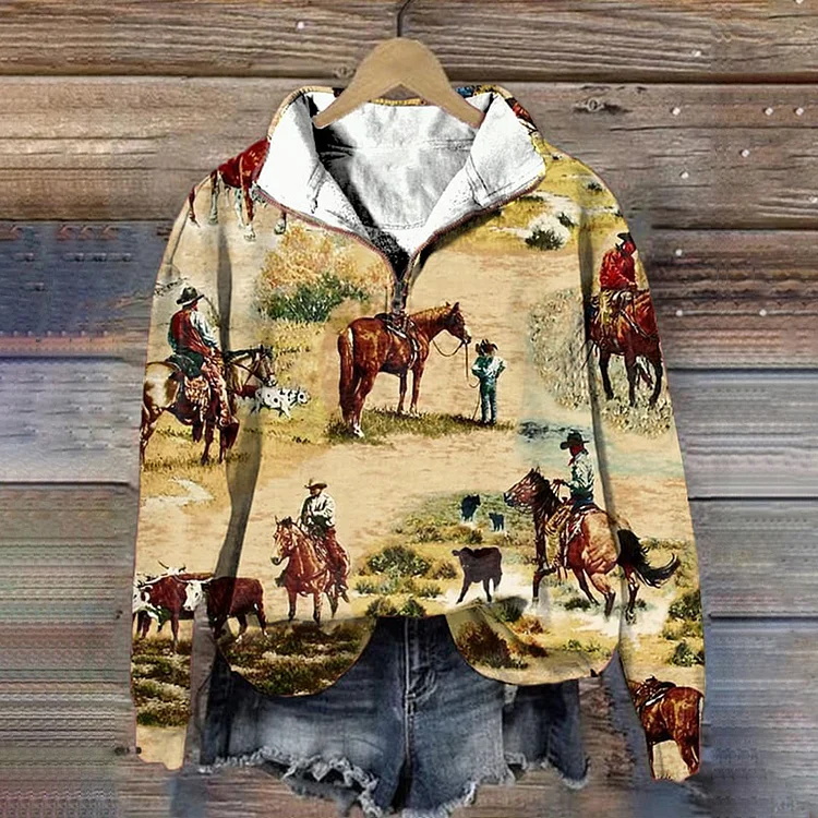 Comstylish Vintage Western Horse Print Zipper Casual Sweatshirt