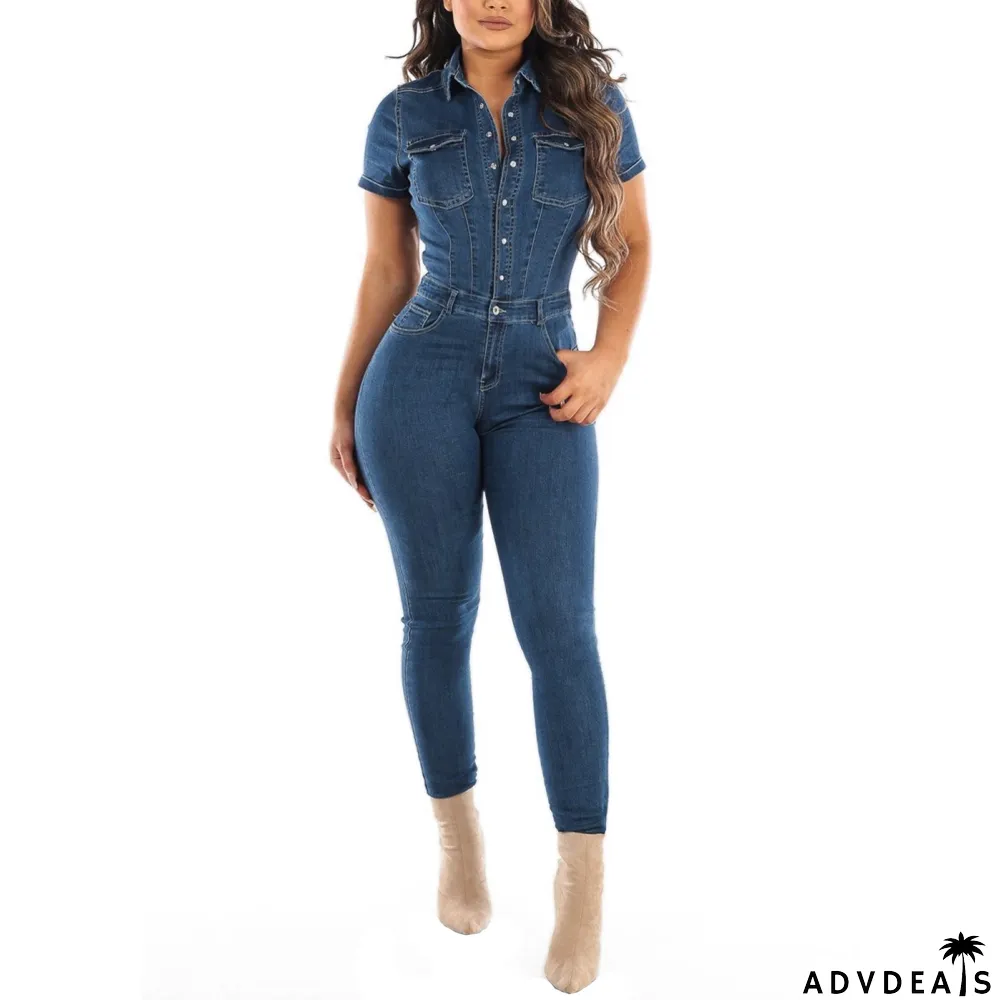 Summer Short Sleeves Denim Fit Jumpsuit