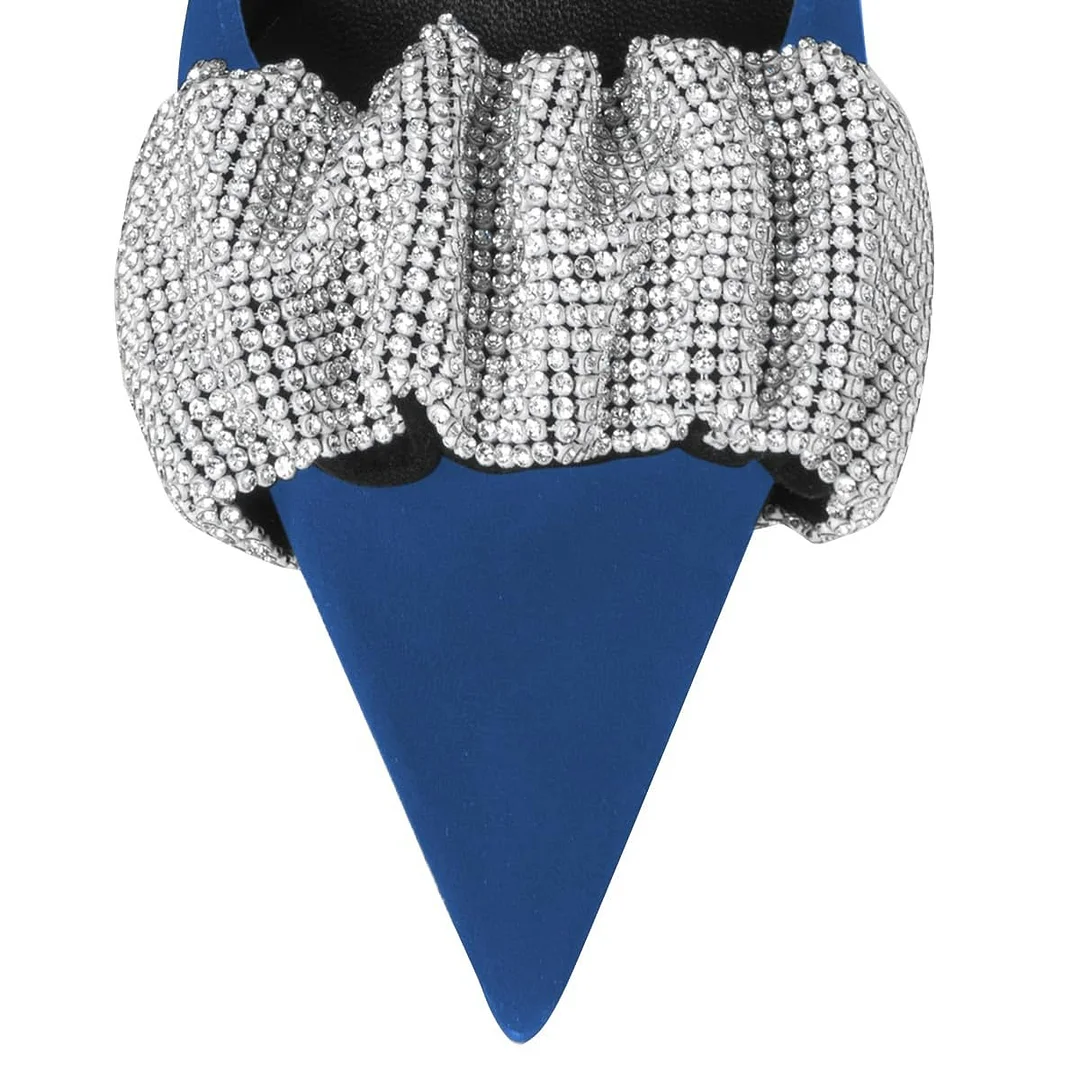 Blue Pointed Toe Rhinestone Embellished Flared Heel Pumps Shoes
