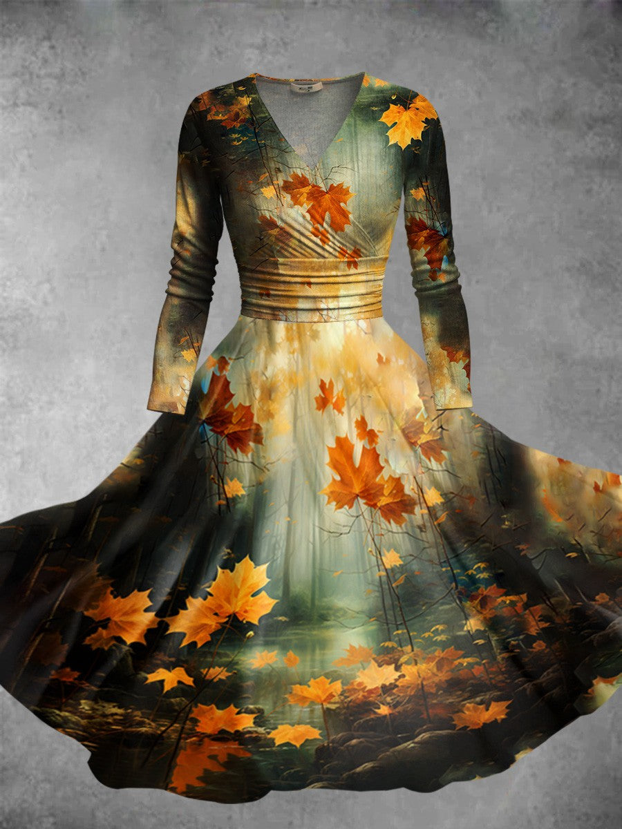 Vintage Elegant Maple Leaves Printed V-Neck Long Sleeve Fashion Midi Dress