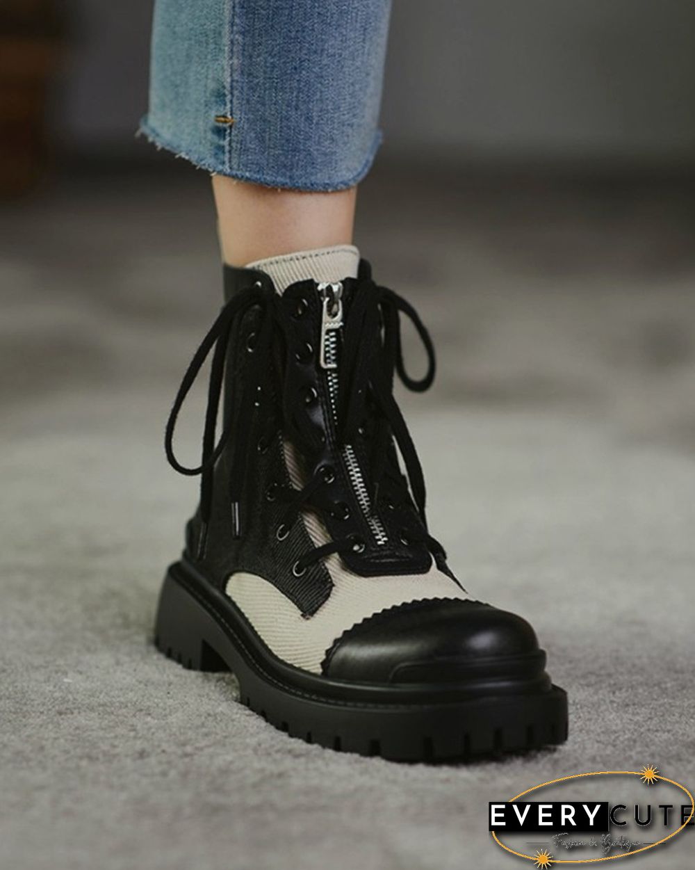 Color Patchwork Round-toe Lace-up Boots