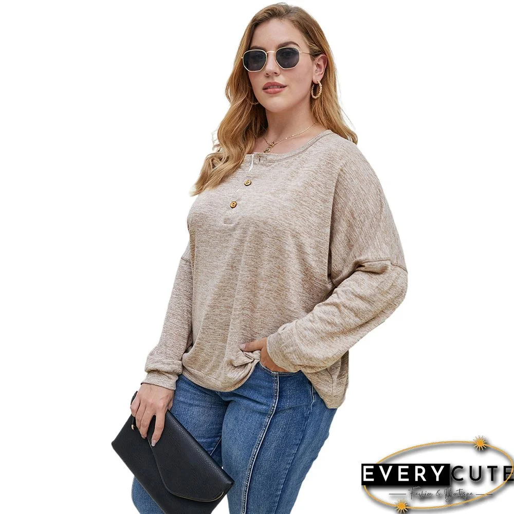 Khaki Button Neck Loose Style Plus Size Tops