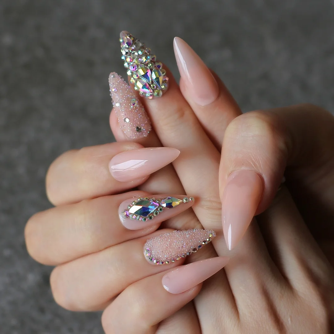 UV Shiny Long Stiletto Nude Fake nails crystal false nails Matte naked skin SALON DIY ART nails caviar nail AB Shaped Diamond-Nail Inspo