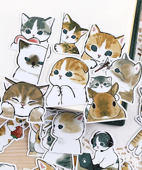 52 Pcs Kawaii Cartoon Cat & Lob Washi Stickers Set