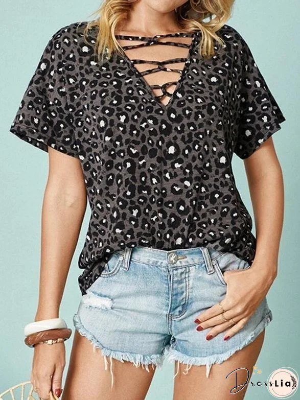 Leopard Print Short-sleeved Casual T-shirt for Women