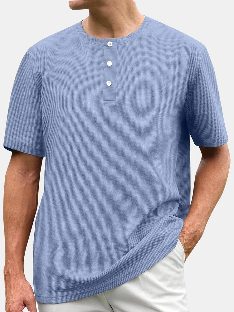Men's Casual Solid Color Waffle Short Sleeve Henley Shirt