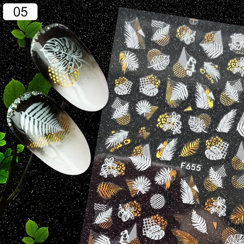 1 Sheet Leaf 3D Nail Art Stickers Summer Beach Adhesive Black White Slider Maple Leaves DIY Tip Decoration Decal
