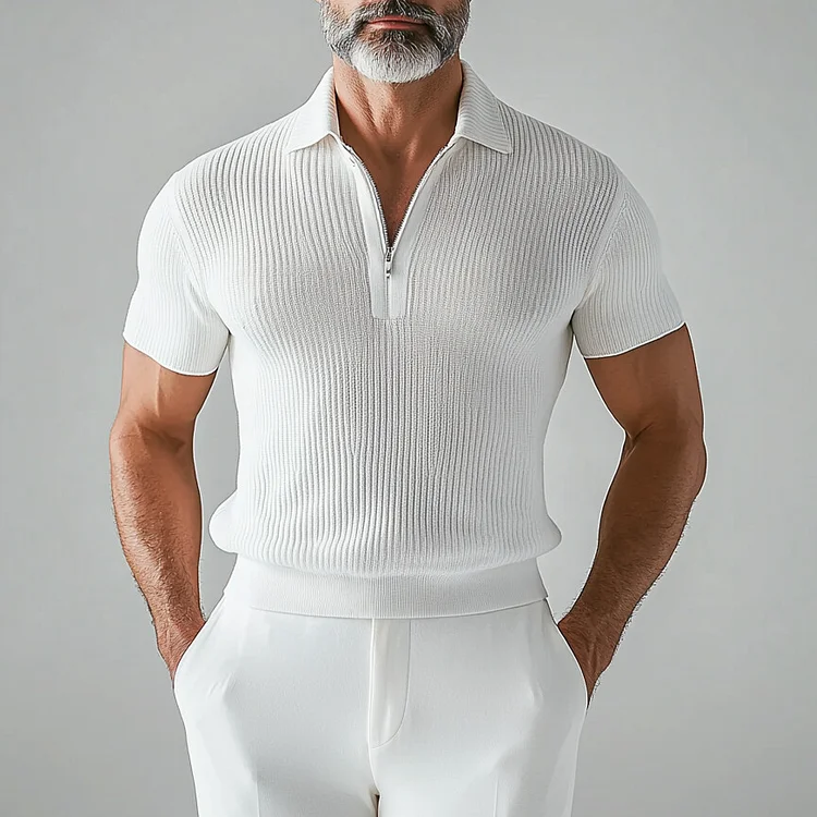 Men's Turndown Collar Short Sleeve Half Zip Knit Polo Shirt