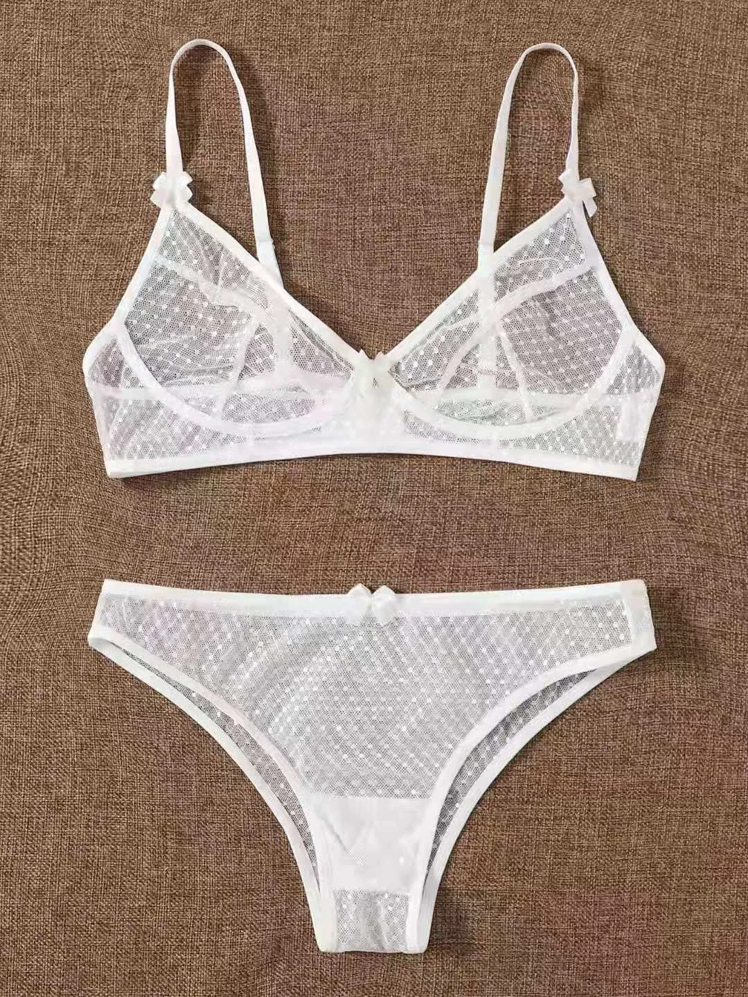 Billionm 2021 Sexy Ladies See Through Elastic Mesh Bra Set Women Wire Free White Underwear Bra+thong Lingerie Set