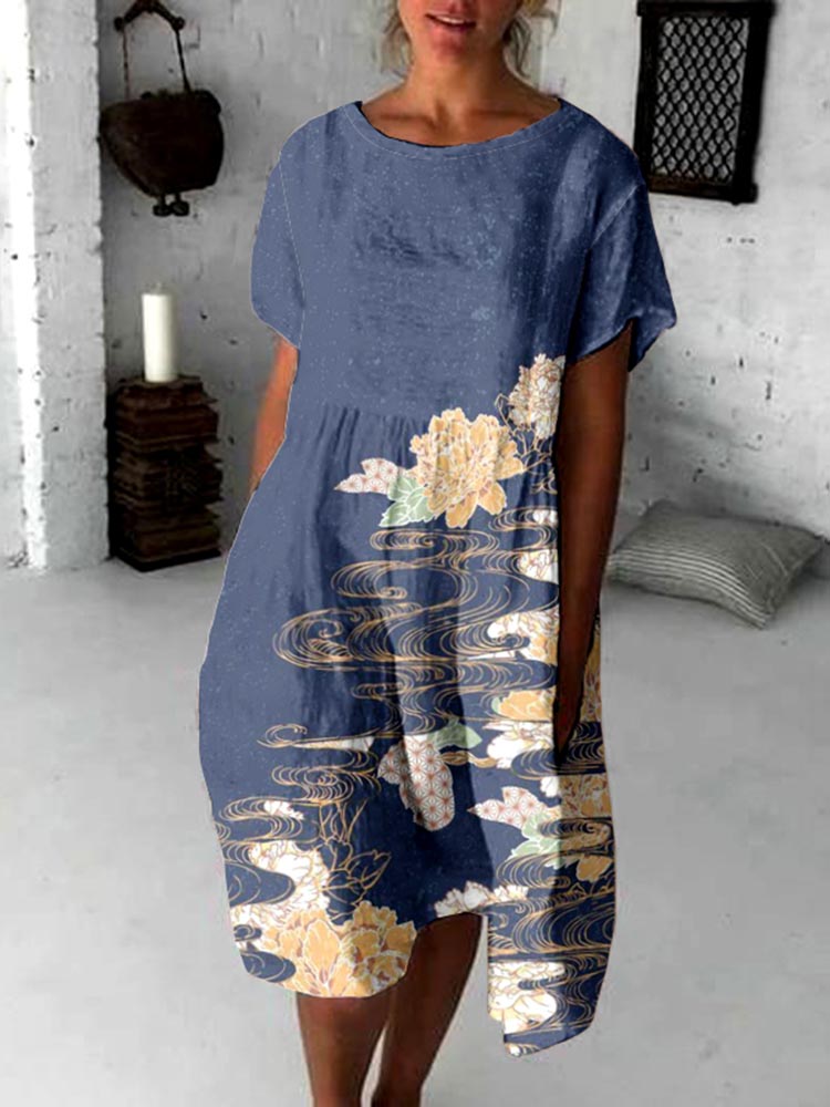 Comstylish Japanese Floral Art Flowy Midi Dress