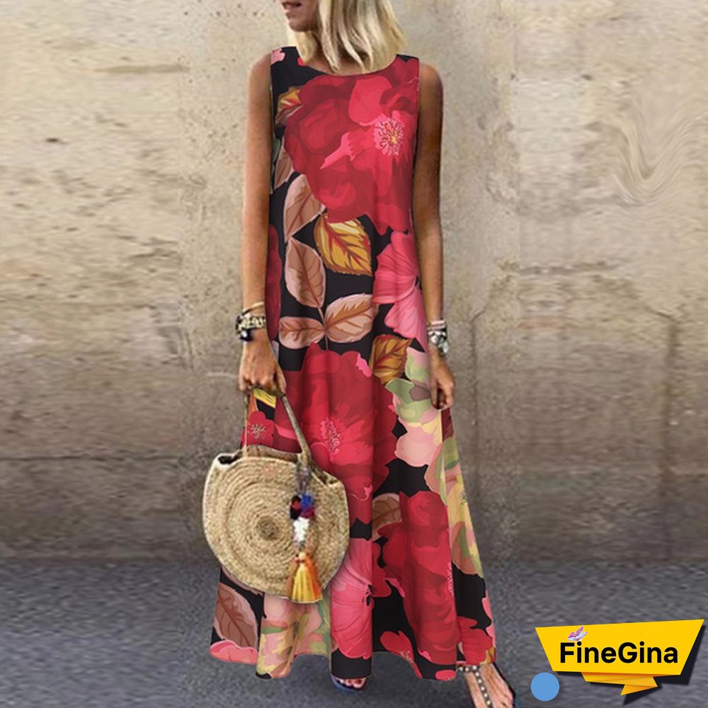 Women Loose Holiday Sleeveless Long Shirt Dress Crew Neck Floral Printed Beach Maxi Sundress Plus
