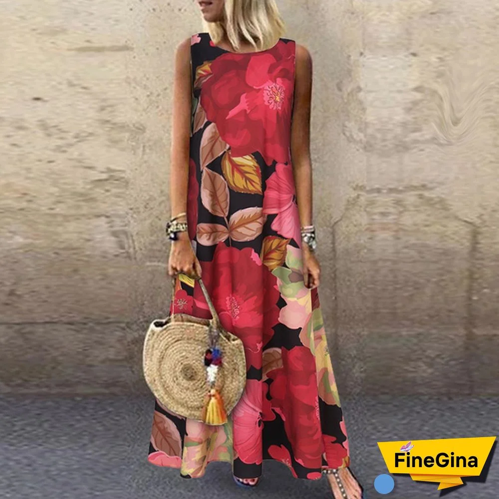 Women Loose Holiday Sleeveless Long Shirt Dress Crew Neck Floral Printed Beach Maxi Sundress Plus