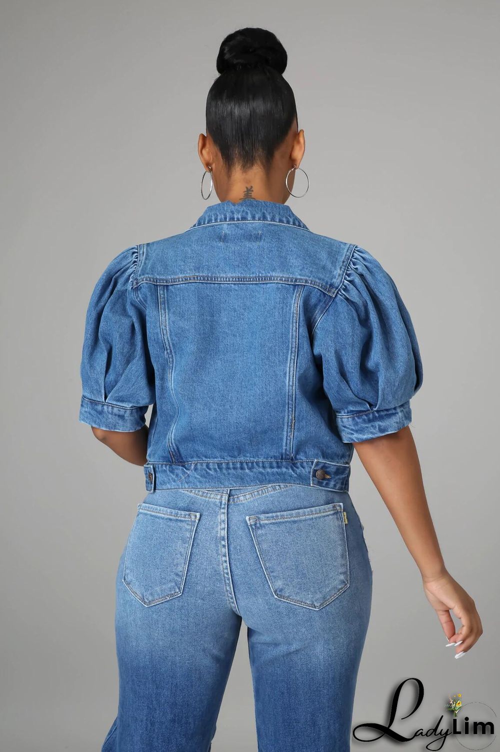 Fashion Button Up Short Sleeve Half Puff Sleeve Women Denim Jacket