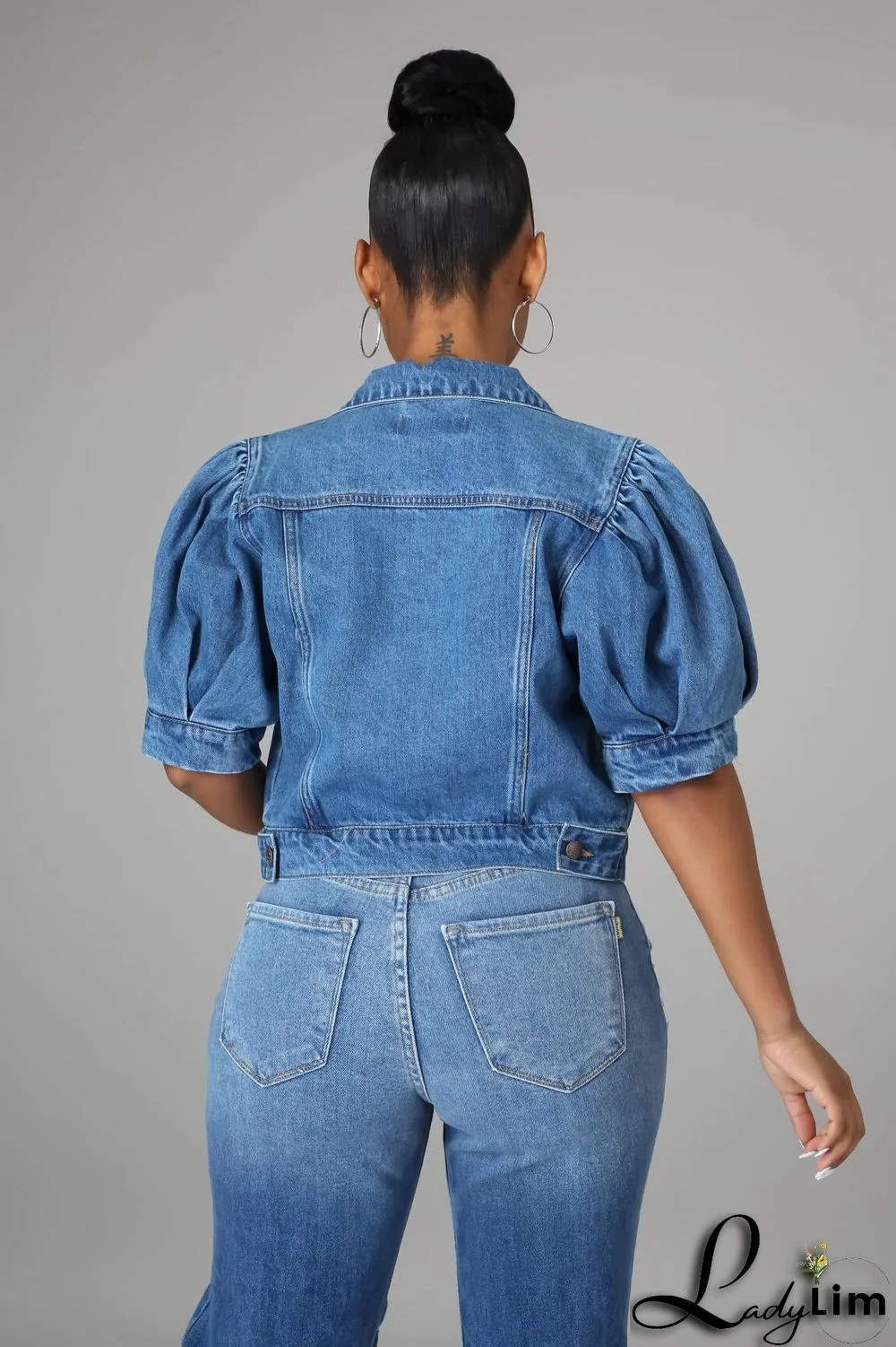 Fashion Button Up Short Sleeve Half Puff Sleeve Women Denim Jacket