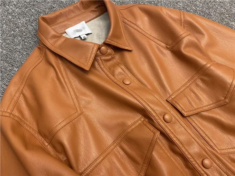 Niche artificial leather shirt women's single breasted drawstring long sleeve leather jacket-vocosishoes