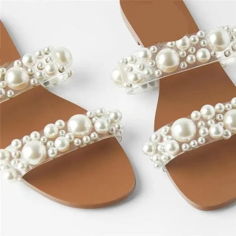 Za Women 2021 Sandals Summer Classic Designer New Internet Influencer Pearl Sandals Flat Shoes Casual Beach Sandals for Women