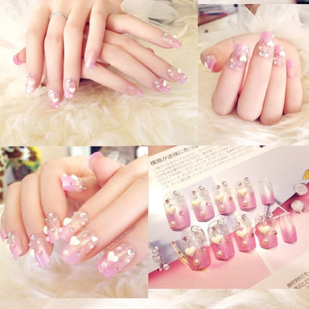 24Pcs Luxe Shining Rhinestone Wedding False Nails Transparent Glitter Gems Crown Designed Square Full Short Fake Art Bride-Nail Inspo