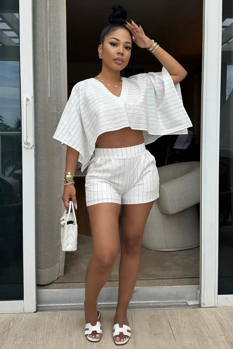 Bat-Wing Sleeve V Neck Crop Top Pinstripe Shorts 2pcs Set-White