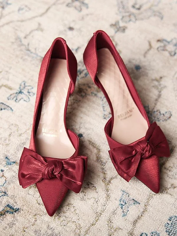 Pointed toe solid color stiletto low-top high heels with bow