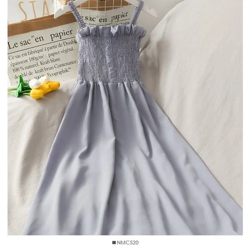 Sleeveless Dress Summer Women Off Shoulder Spaghetti Strap Slim Stretchy Breathable Soft Female Loose  All-match Simple Sweet