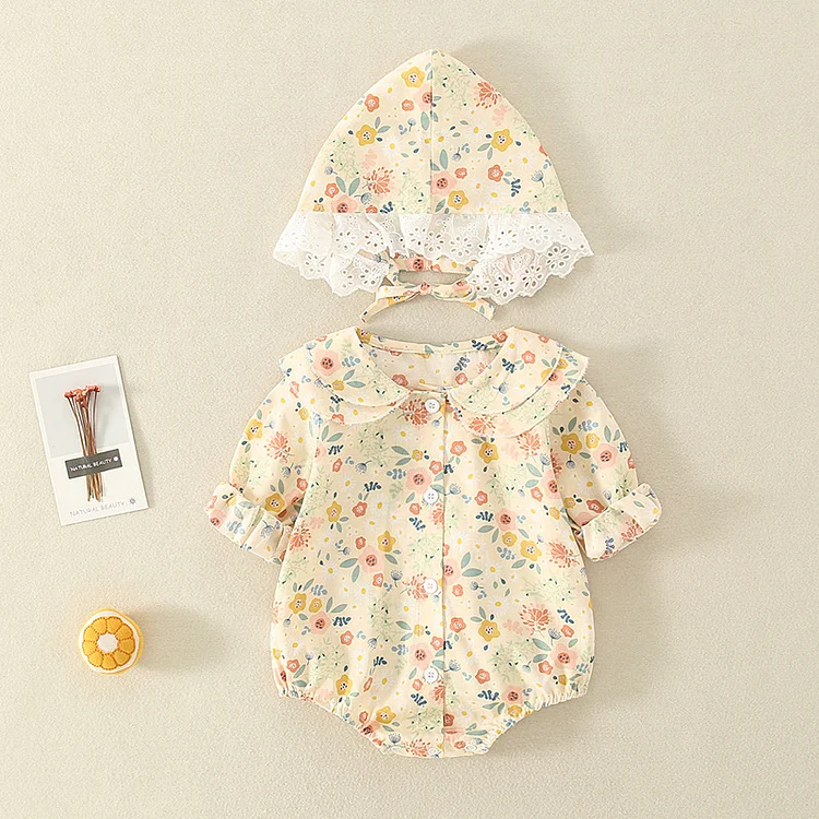 Baby Girl Floral Print Peter Pan Collar Long Sleeve Bodysuit with Hat