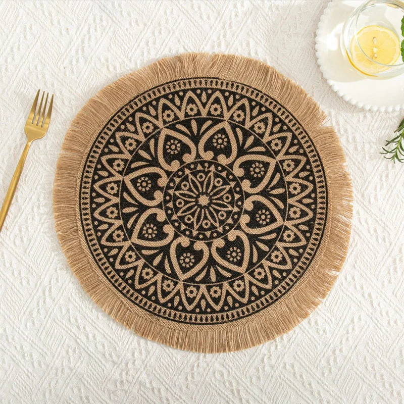 INS Jute Round Placemats Boho Tassels Table Mats Heat Insulation Pads Coffee Cup Mat Rustic Farmhouse Kitchen Decor Photo Props